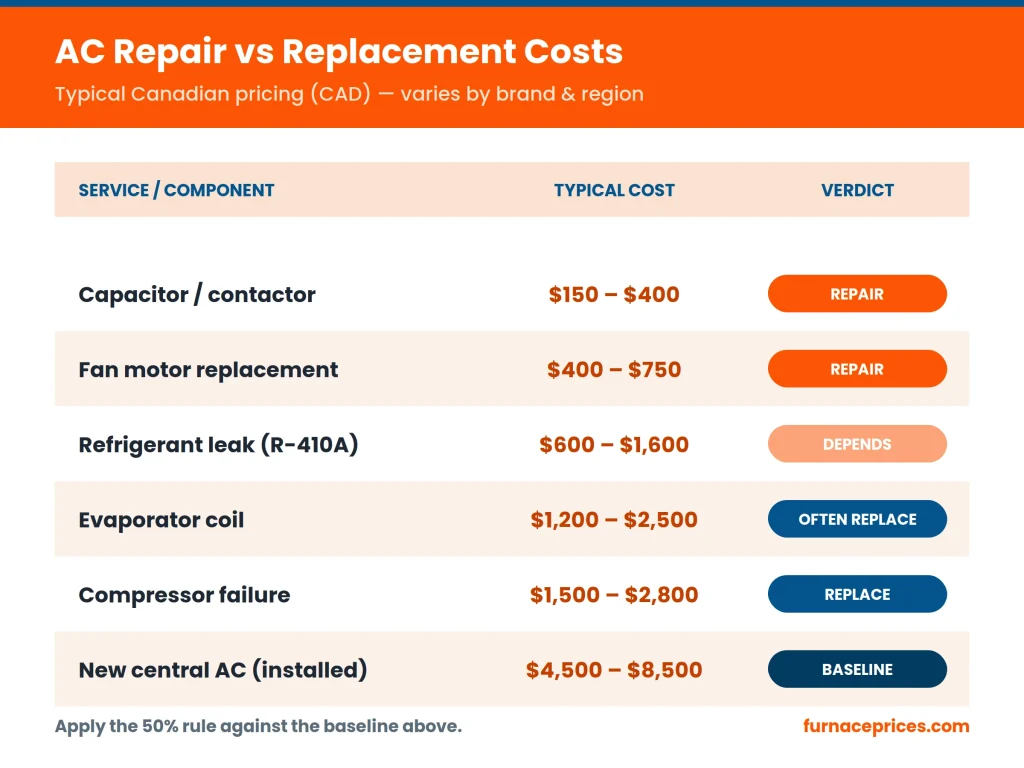 AC repair vs replacement cost comparison chart in Canada (CAD)