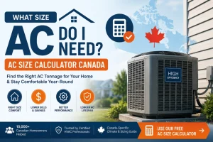 AC Size Calculator Canada showing central air conditioner sizing guide and AC tonnage calculator for Canadian homes