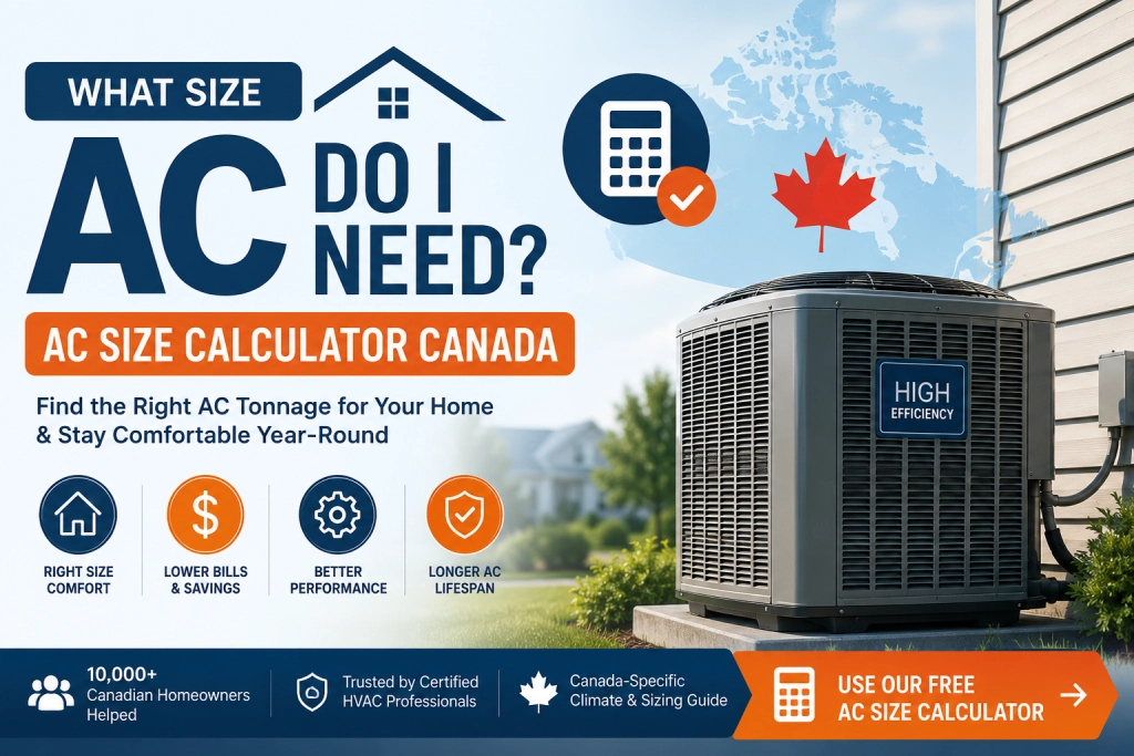 AC Size Calculator Canada showing central air conditioner sizing guide and AC tonnage calculator for Canadian homes