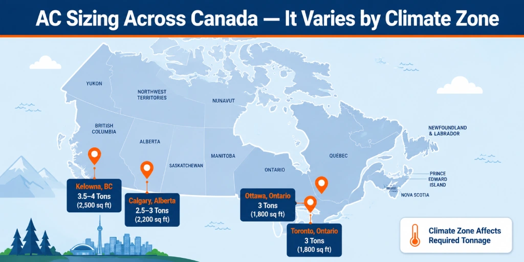 Illustrated Canada climate zone map showing recommended AC sizes for Toronto, Ottawa, Calgary and Kelowna
