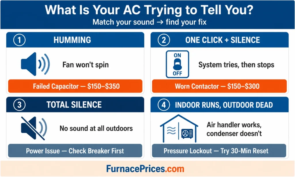 Infographic showing what different AC sounds mean: humming indicates a failed capacitor, clicking indicates a contactor problem, grinding indicates worn bearings, and silence indicates a power issue