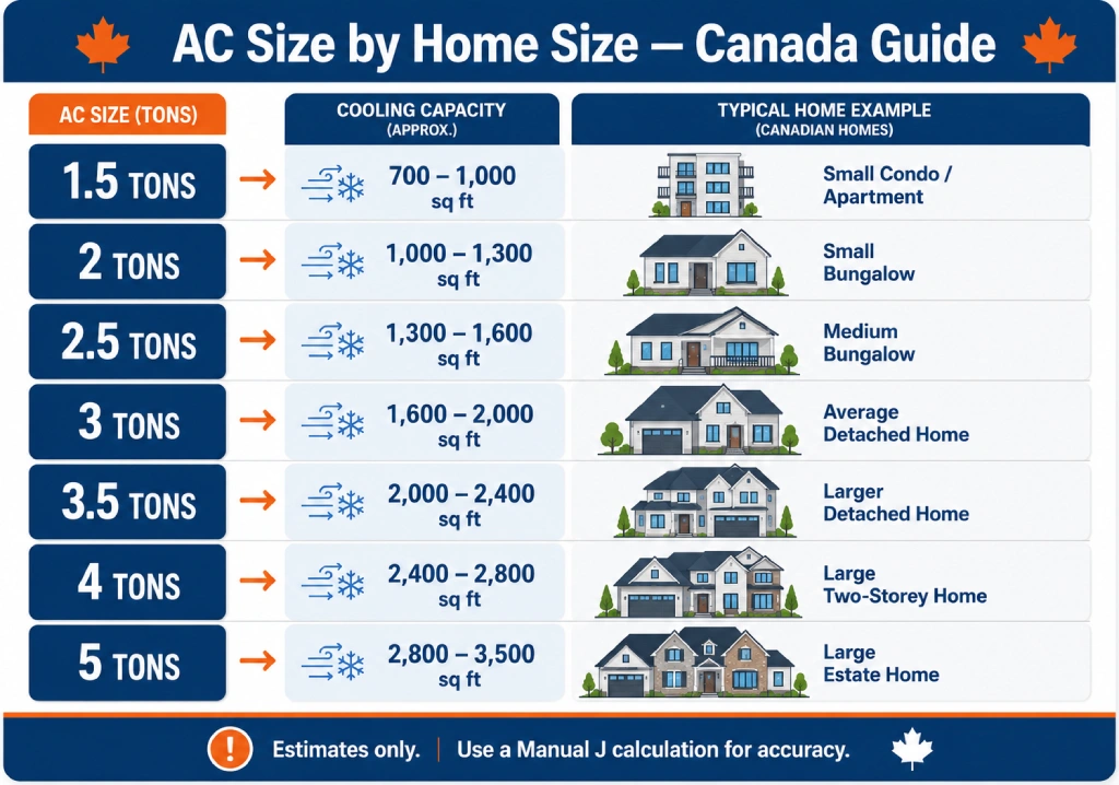 Infographic showing AC tonnage sizing by home square footage for Canadian homes — 1.5 to 5 tons
