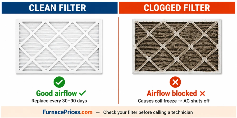 Side-by-side infographic comparing a clean white AC air filter versus a severely clogged grey air filter full of dust, showing why a dirty filter causes the air conditioner to shut off