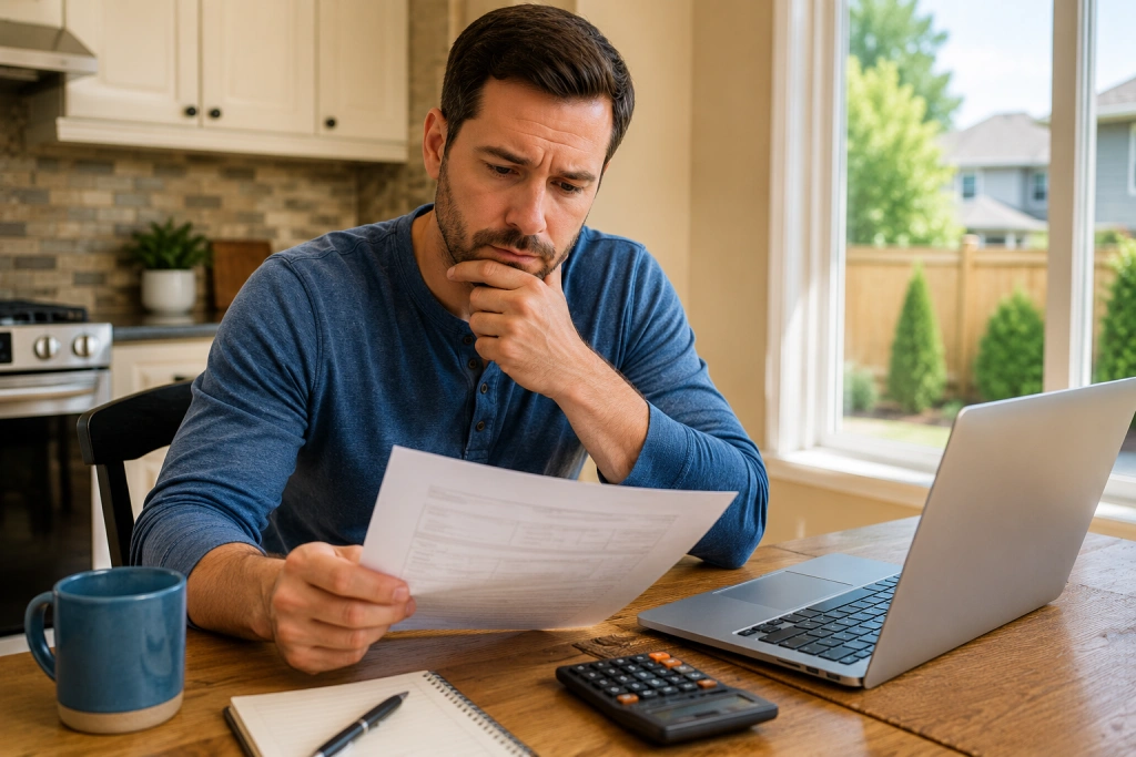 Homeowner comparing AC repair and replacement costs at home