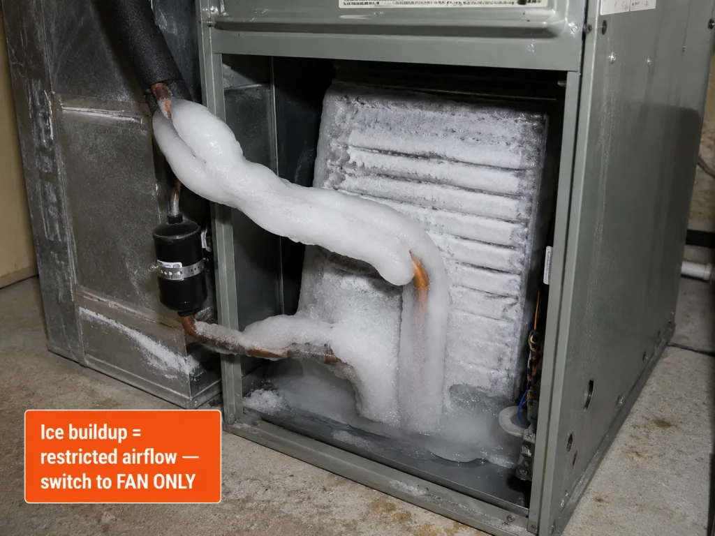 Ice buildup on an AC evaporator coil and refrigerant lines inside an air handler, caused by restricted airflow from a clogged filter