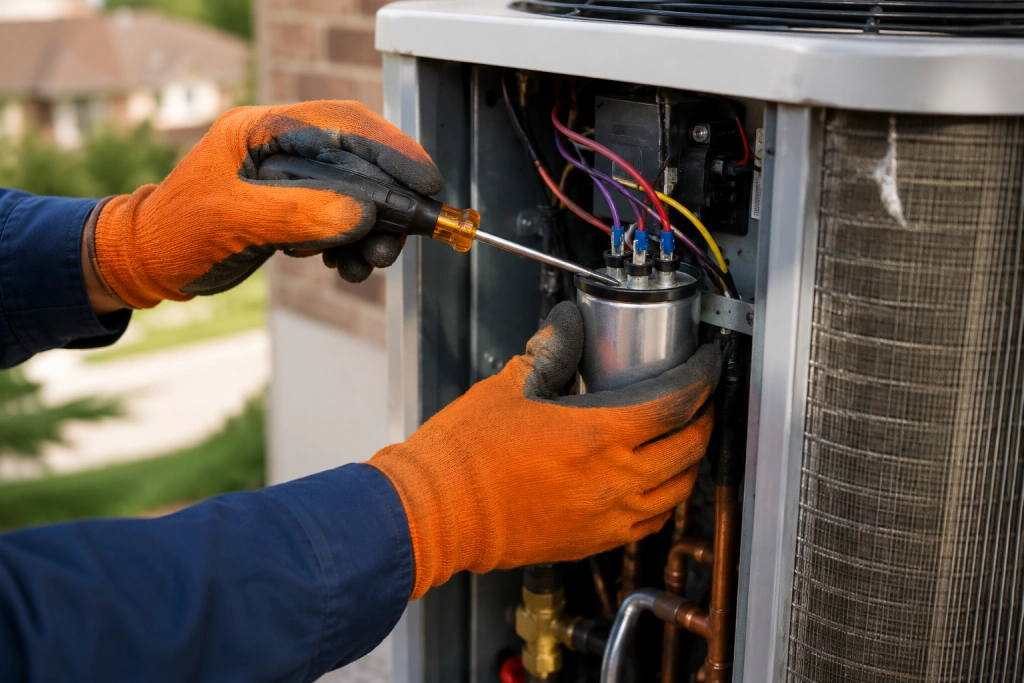 HVAC technician replacing a capacitor during an air conditioner repair