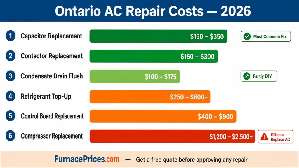 Infographic showing Ontario AC repair costs in 2026: capacitor replacement $150-$350, contactor replacement $150-$300, refrigerant top-up $250-$600, control board $400-$900, compressor replacement $1200-$2500