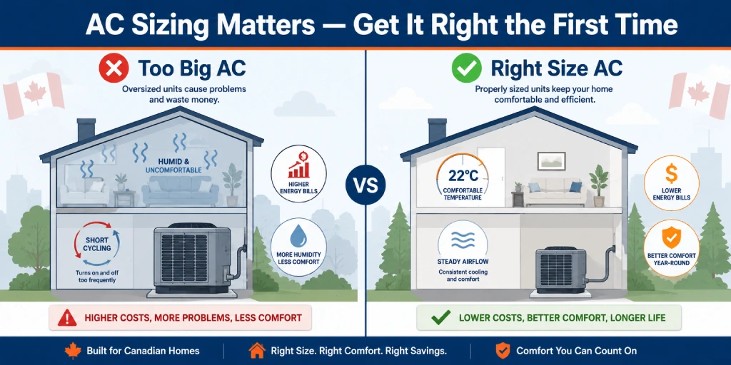 Comparison illustration showing oversized AC problems vs correctly sized AC for Canadian home
