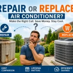 HVAC technician inspecting an outdoor air conditioner to decide on repair or replacement