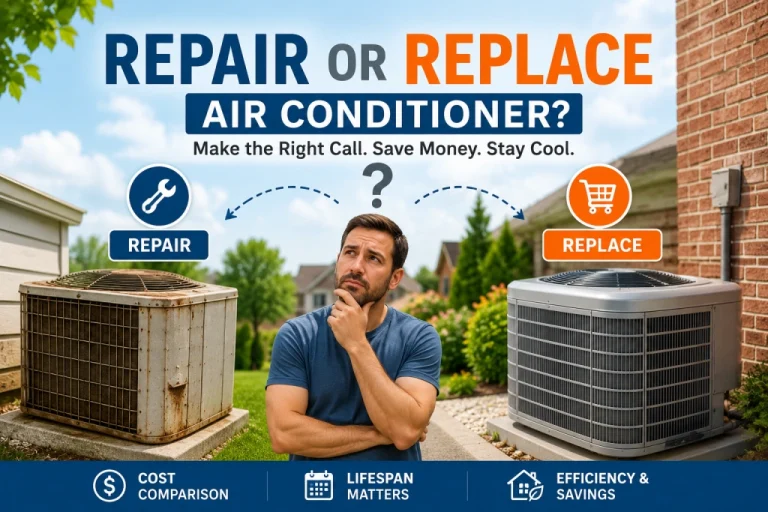 HVAC technician inspecting an outdoor air conditioner to decide on repair or replacement