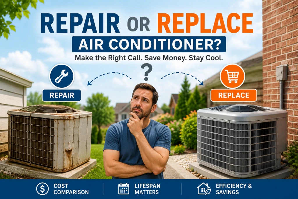 HVAC technician inspecting an outdoor air conditioner to decide on repair or replacement