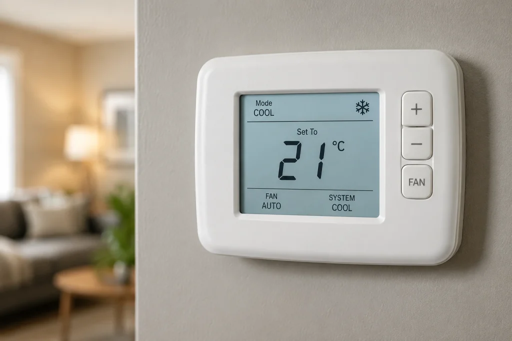 Home thermostat display showing COOL mode selected at 21 degrees Celsius, the first check when an air conditioner is not turning on