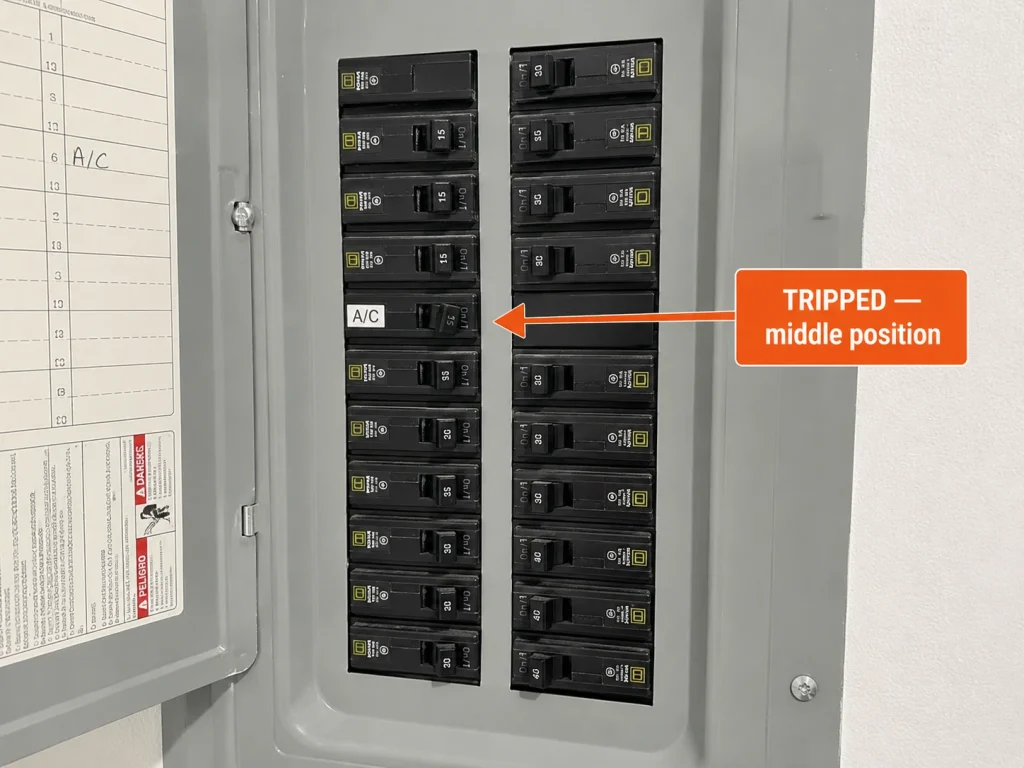 Close-up of a home electrical panel showing a tripped circuit breaker in the middle position between ON and OFF, a common reason an air conditioner stops working