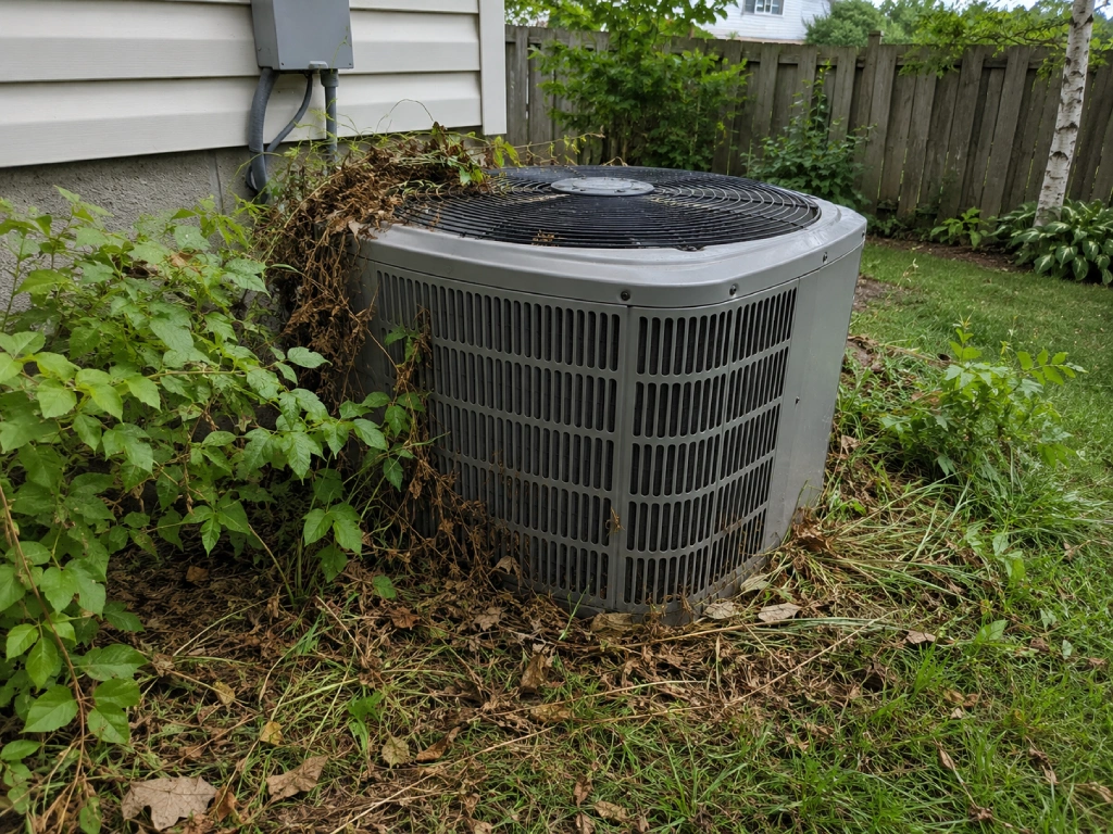 Outdoor heat pump unit with leaves and debris restricting airflow and reducing cooling