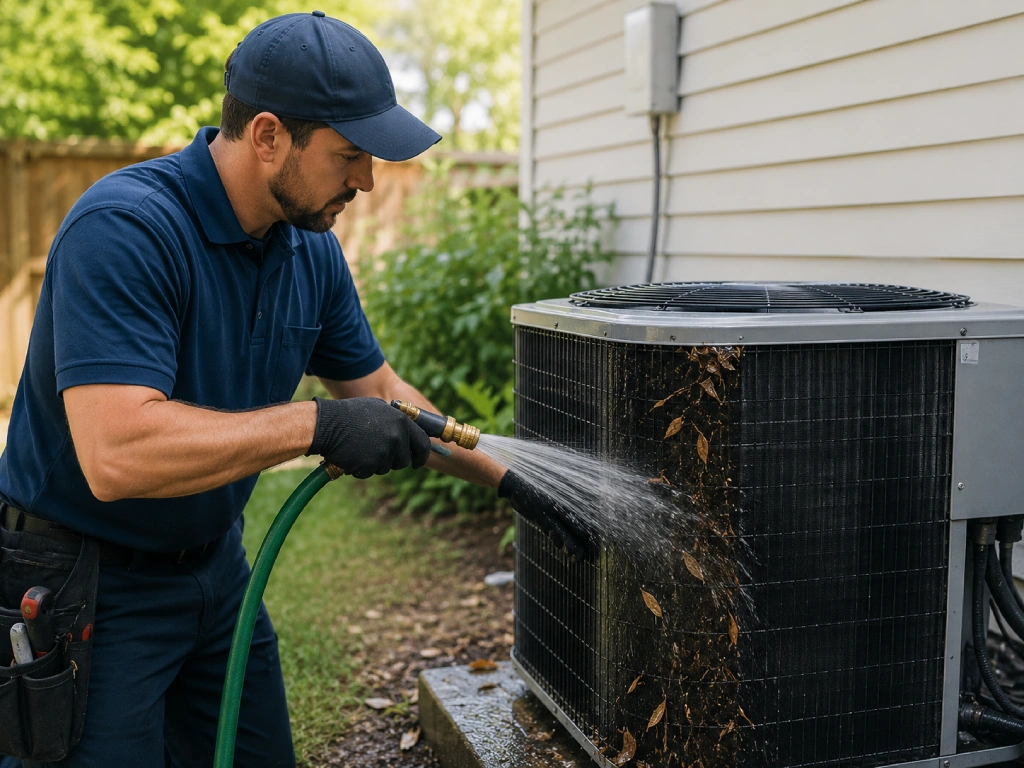 Technician rinsing debris off an outdoor AC condenser coil