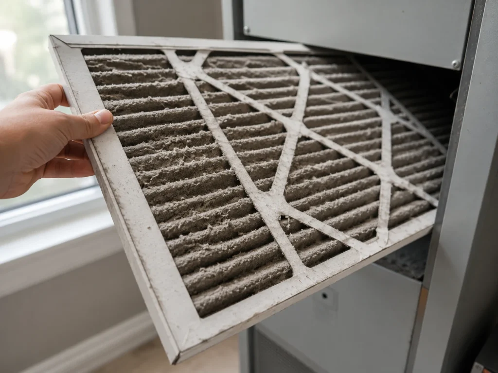 Dirty, dust-clogged air filter reducing airflow and cooling in a heat pump system