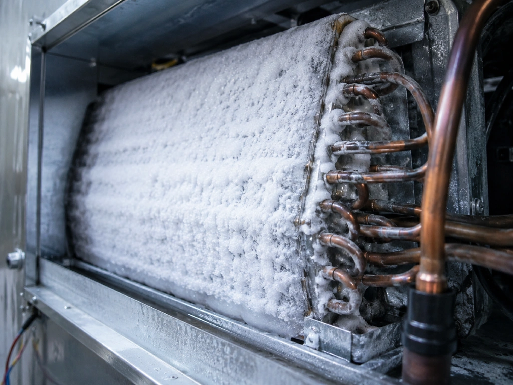 Frozen ice buildup on an AC evaporator coil caused by restricted airflow