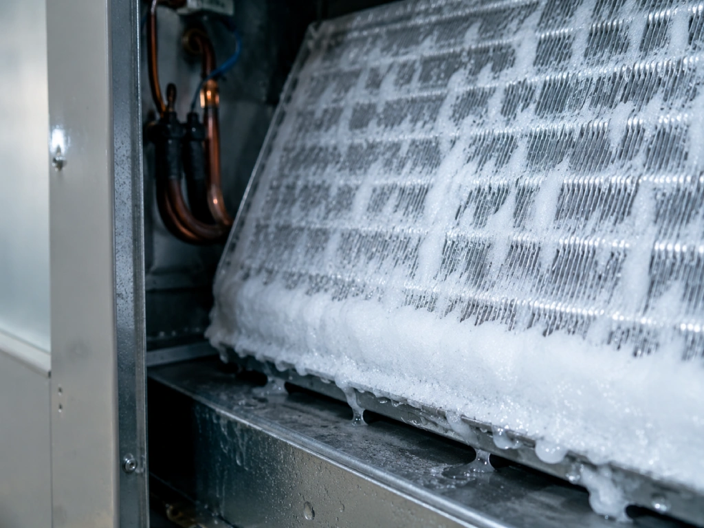 Ice buildup on a frozen indoor evaporator coil caused by restricted airflow in a heat pump