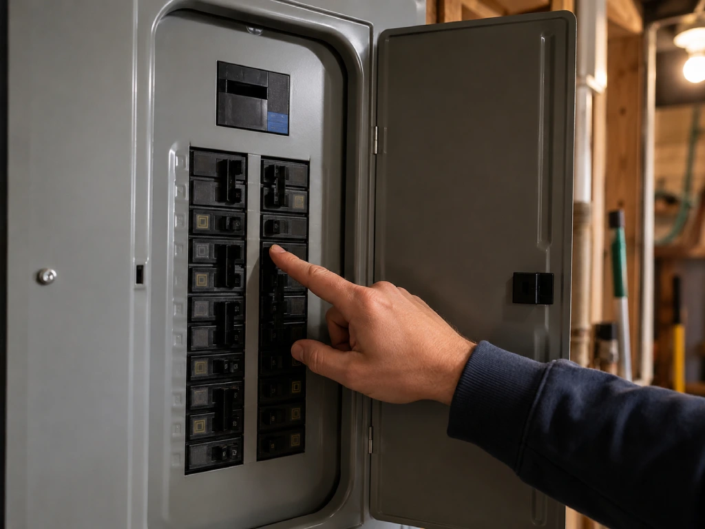 Electrical breaker panel and outdoor disconnect switch used to troubleshoot a heat pump power issue