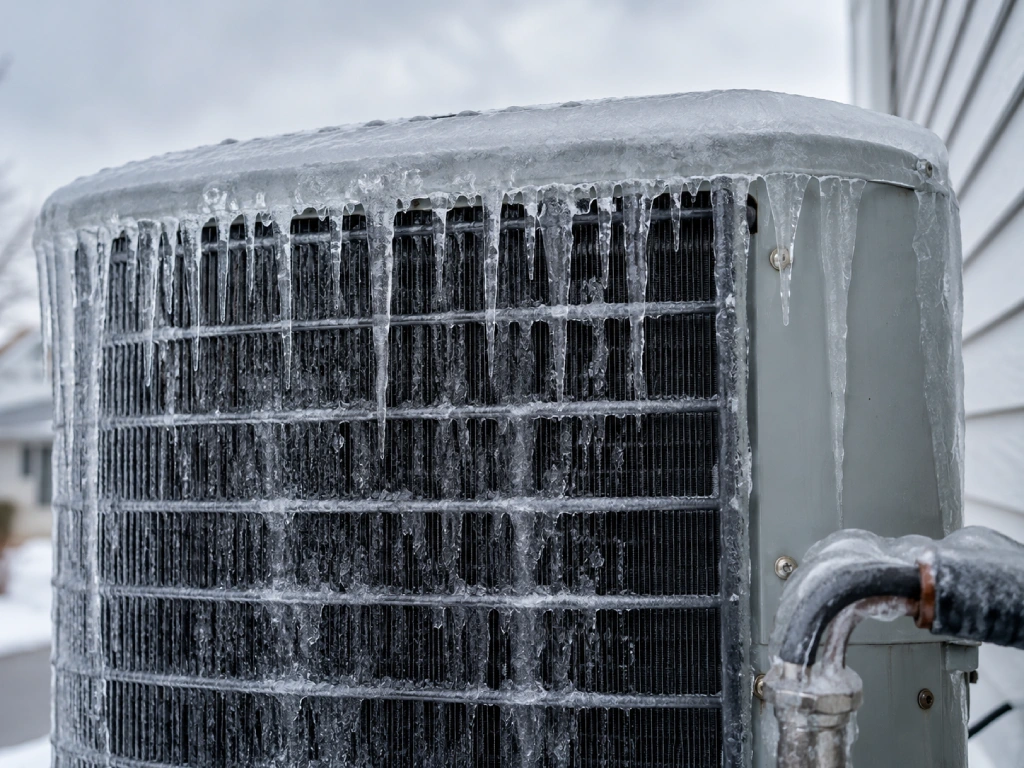 Frozen outdoor heat pump coil covered with heavy ice during an Ontario winter