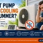 Heat pump not cooling in summer with homeowner inspecting an outdoor HVAC unit.