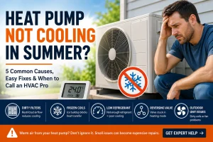 Heat pump not cooling in summer with homeowner inspecting an outdoor HVAC unit.
