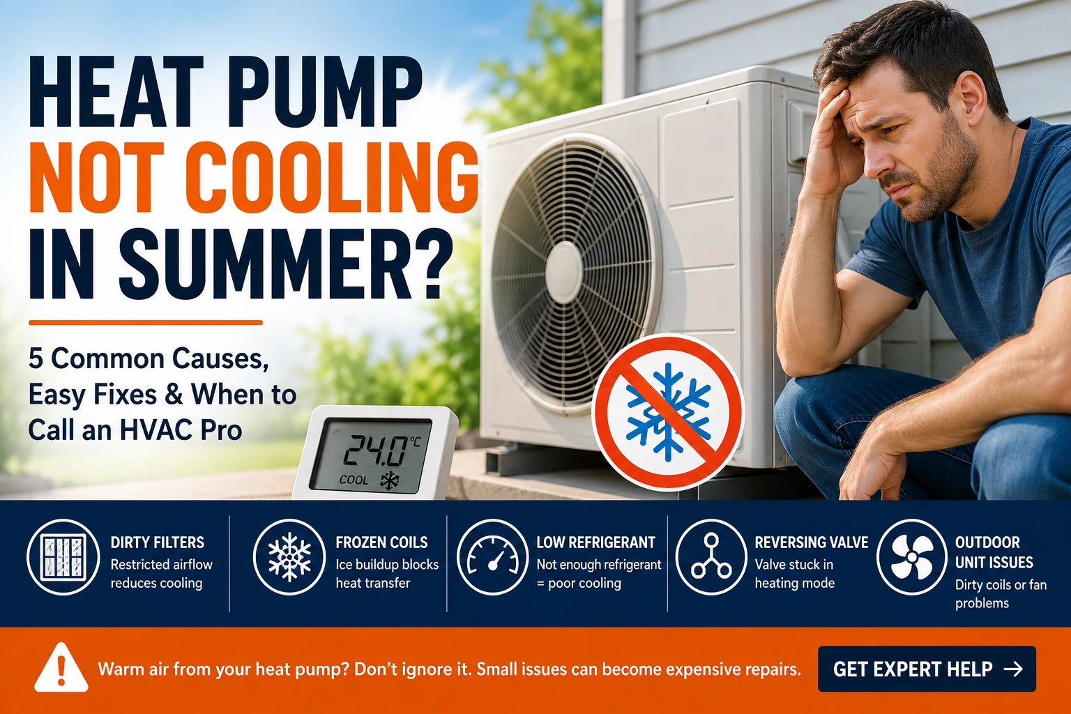 Heat pump not cooling in summer with homeowner inspecting an outdoor HVAC unit.