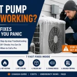 Homeowner inspecting a frozen outdoor heat pump unit during winter while troubleshooting why the heat pump is not working in a Canadian home.