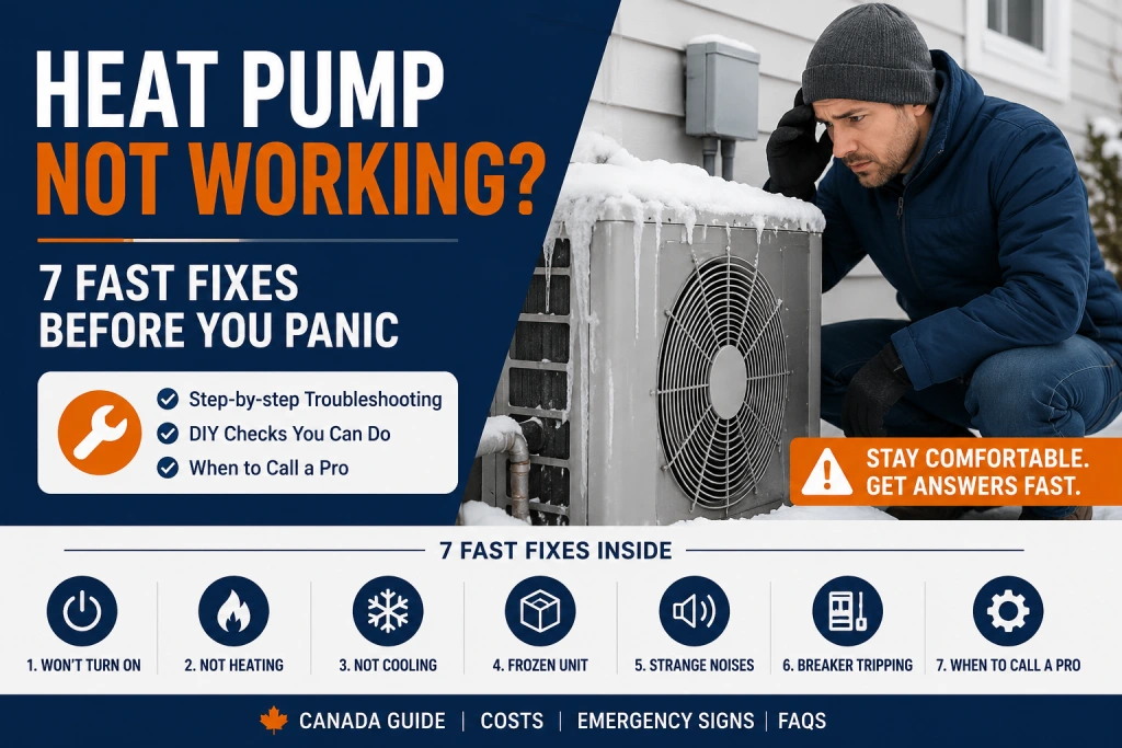 Homeowner inspecting a frozen outdoor heat pump unit during winter while troubleshooting why the heat pump is not working in a Canadian home.
