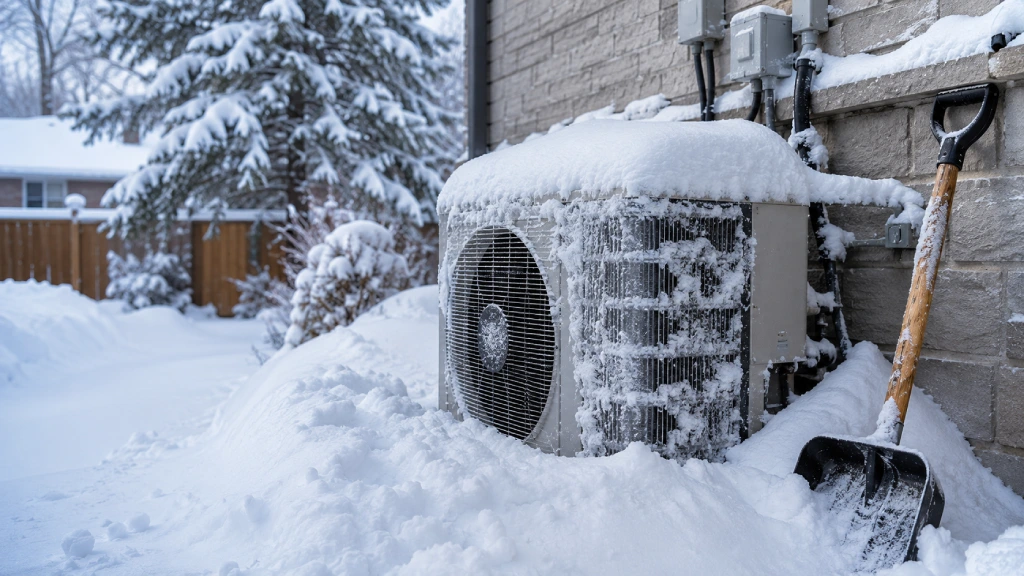 Heat pump outdoor unit partially buried in snow after an Ontario snowstorm