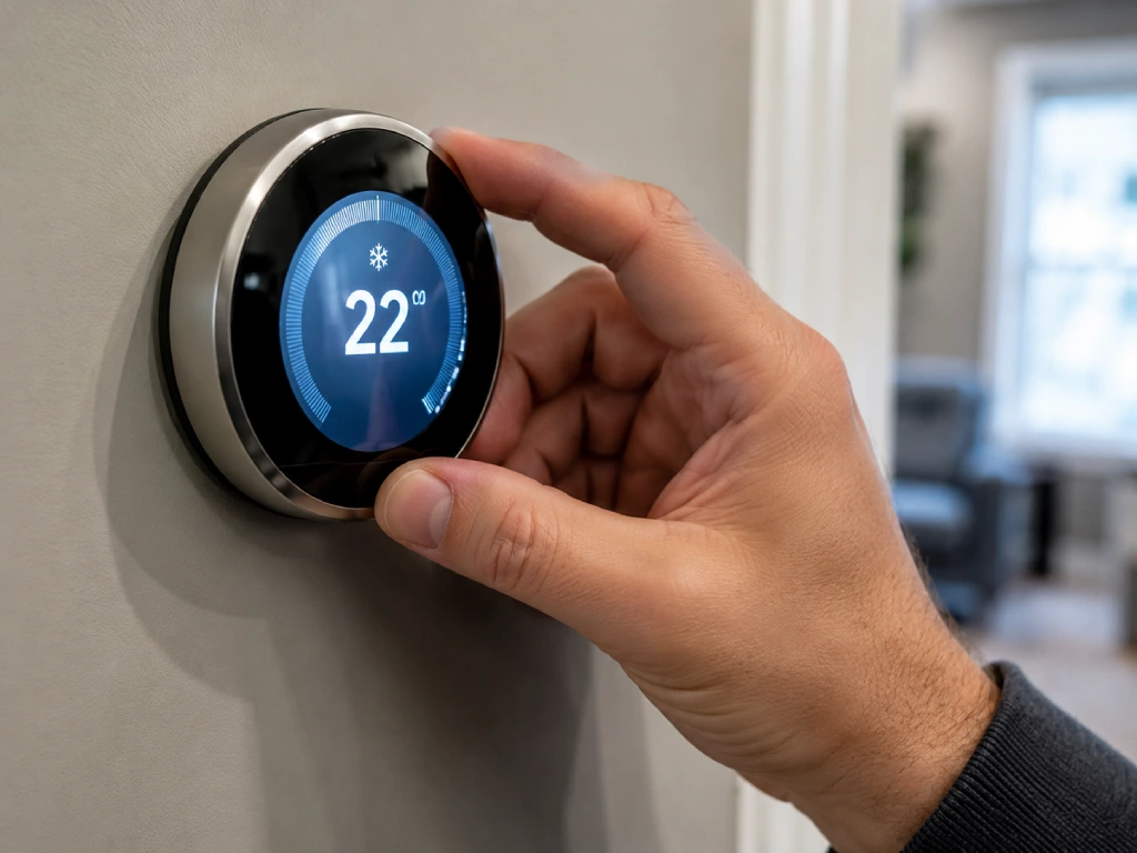 Wall-mounted thermostat display being checked while troubleshooting a heat pump that is not working