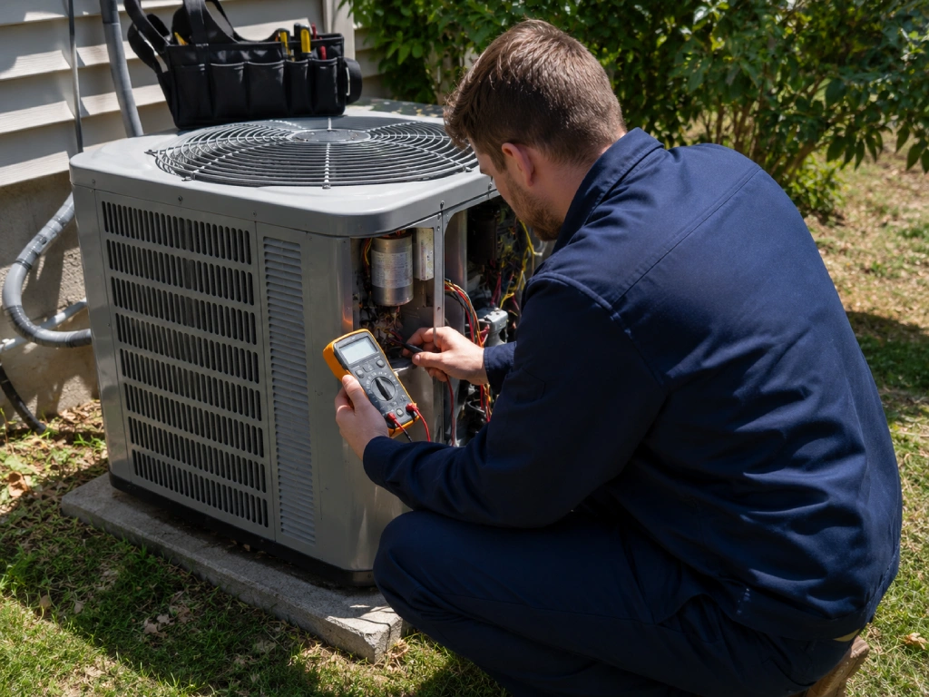 HVAC technician inspecting an outdoor heat pump unit during a pre-summer maintenance tune-up
