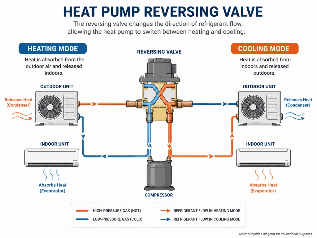 Diagram showing how a heat pump reversing valve switches refrigerant flow between heating and cooling mode