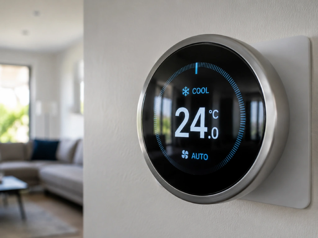 Home thermostat set to cool and auto mode for correct AC operation