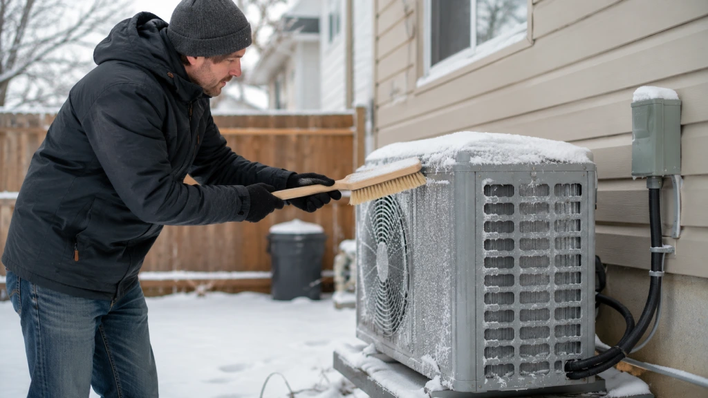 Homeowner clearing snow and debris from around a frozen heat pump outdoor unit with a soft broom