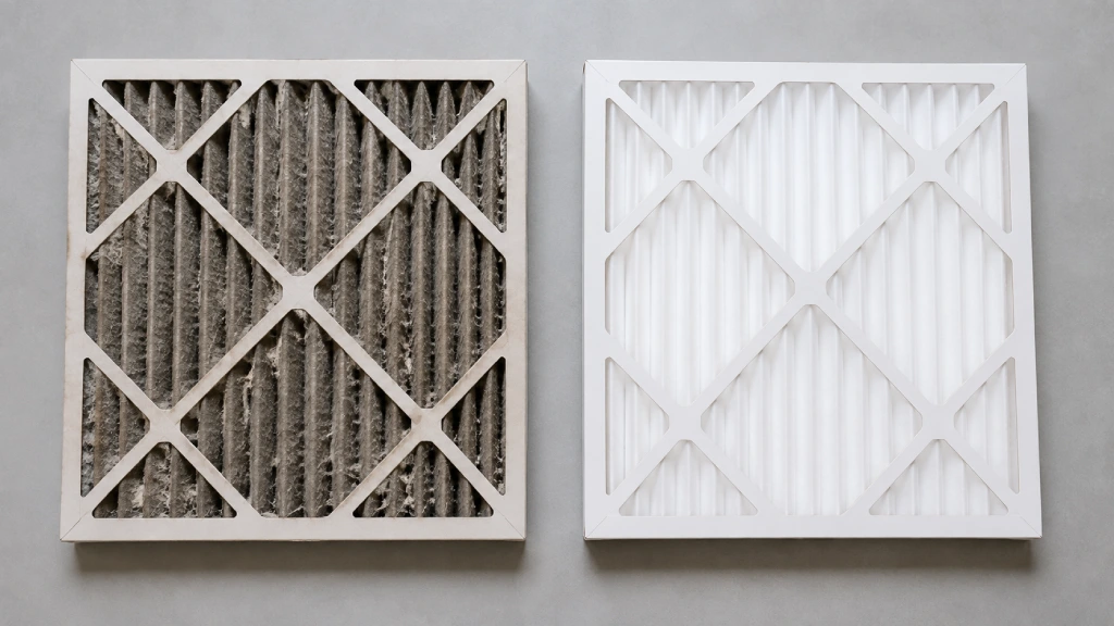 Dirty clogged furnace filter next to a clean replacement filter