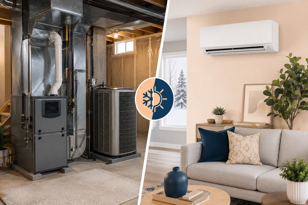 Split comparison of a ducted heat pump system with furnace backup versus a standalone ductless mini-split in an Ontario home