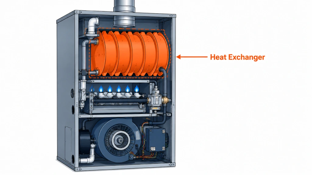 Labeled diagram of a furnace heat exchanger location inside the cabinet