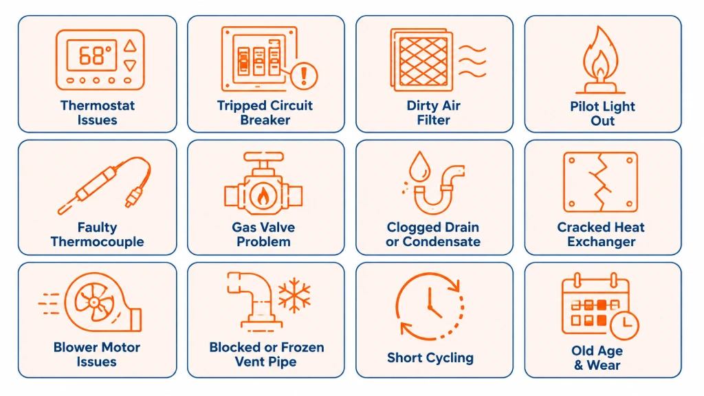 Infographic listing the 12 most common reasons a furnace stops working
