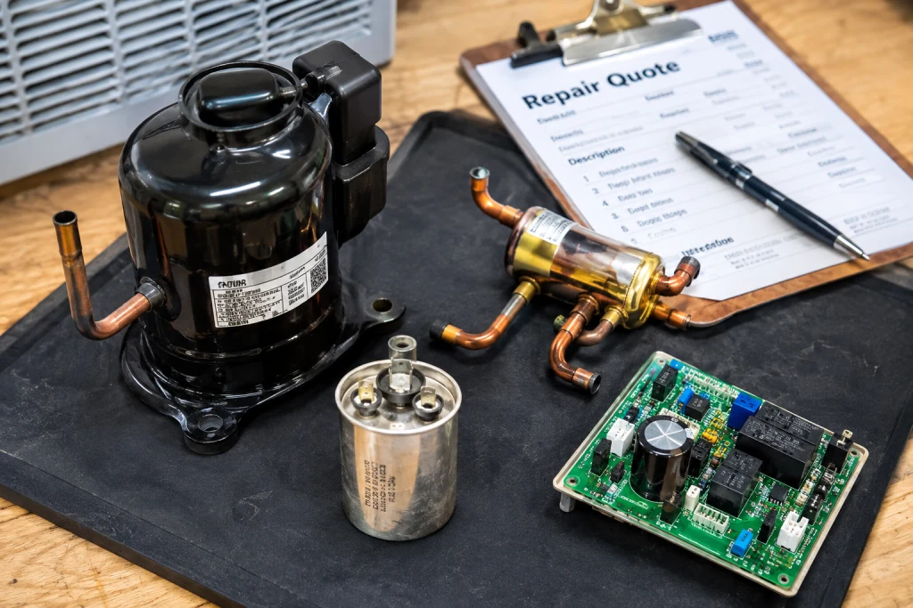 Replacement heat pump compressor and reversing valve parts laid out before an emergency repair