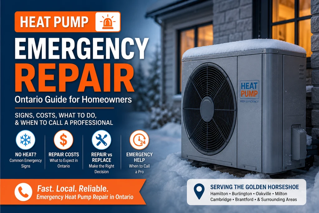 HVAC technician arriving at a Canadian home at night for an emergency heat pump repair call