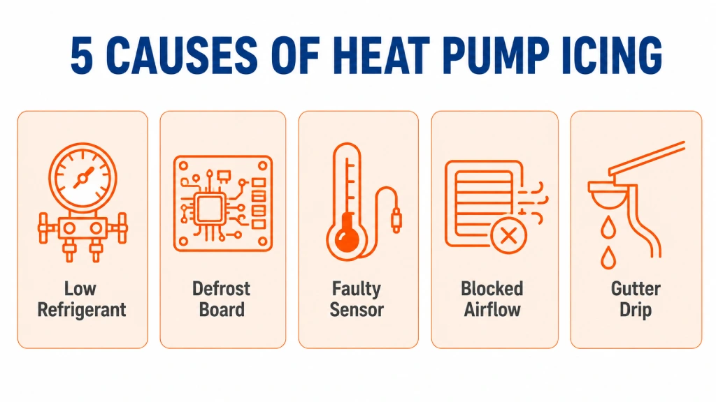 Infographic showing the five most common causes of a heat pump freezing or icing up