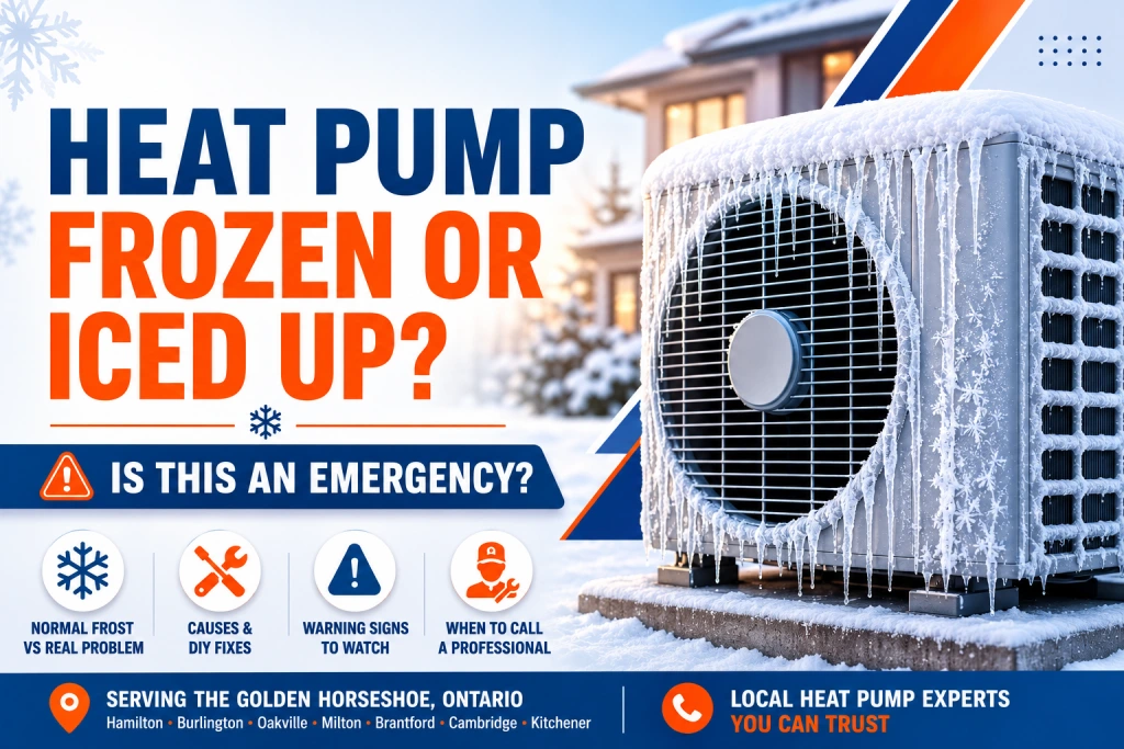 Heat pump outdoor unit covered in ice during a Canadian winter, illustrating whether a frozen heat pump is an emergency