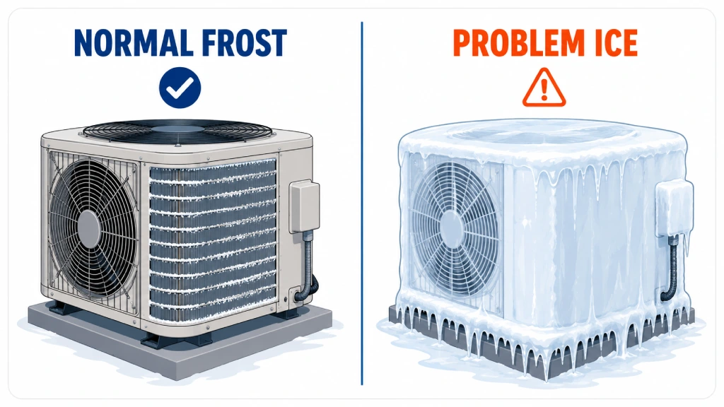 Comparison of normal frost buildup versus a real icing problem on a heat pump outdoor unit
