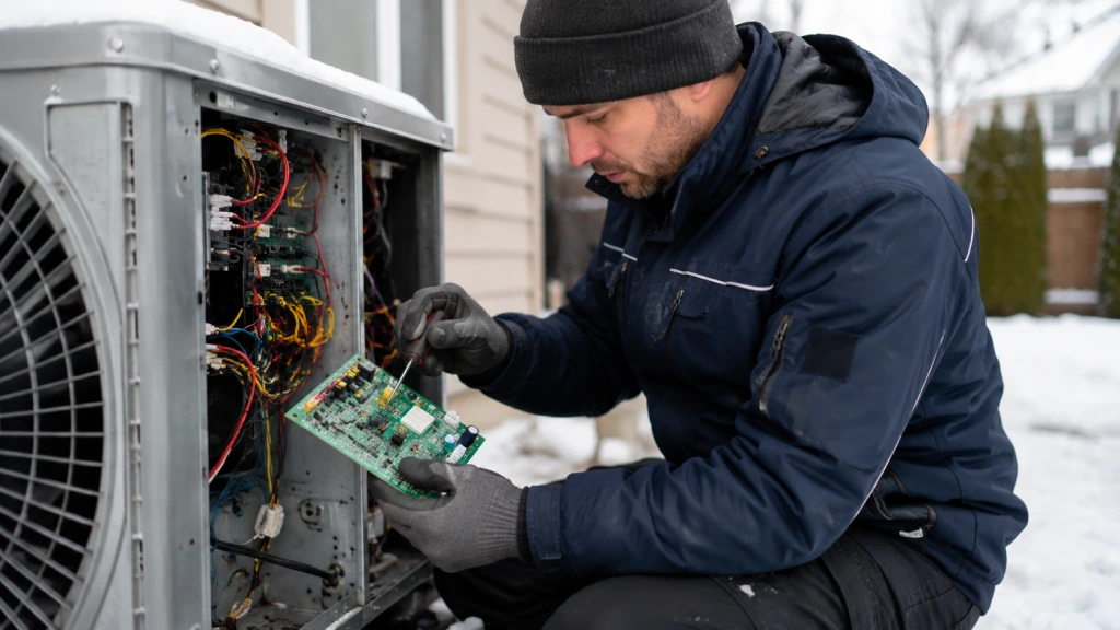 Licensed HVAC technician replacing a defrost control board inside a heat pump outdoor unit