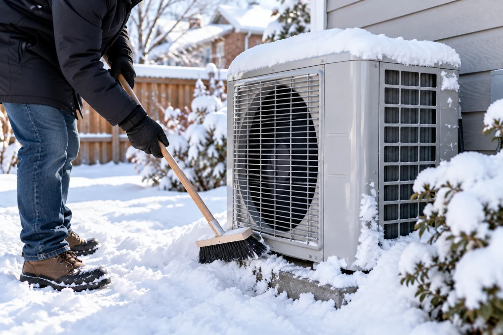 Homeowner clearing snow from around a heat pump outdoor unit to restore airflow in winter