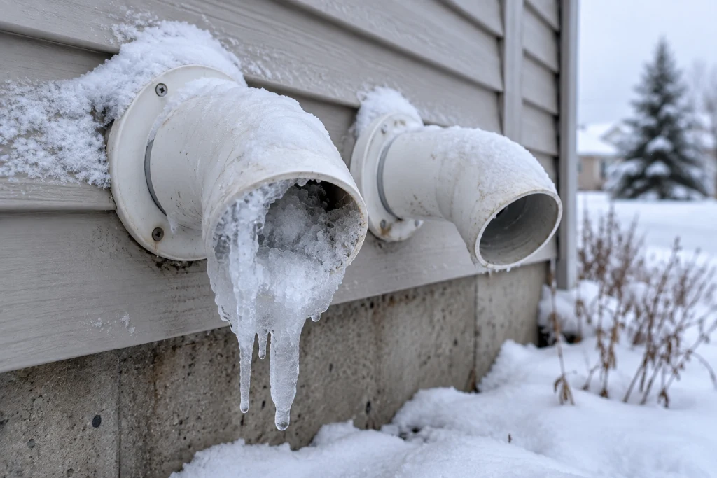 Frost and ice buildup on a high-efficiency furnace's exterior intake and exhaust vent pipes during an Ontario cold snap