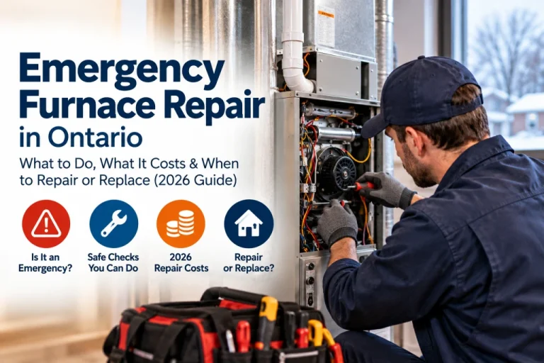 Emergency furnace repair technician arriving at a Canadian home in winter
