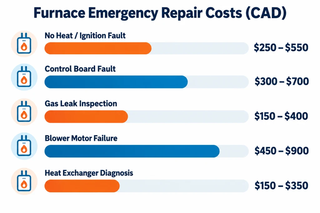 Infographic comparing typical Ontario furnace emergency repair costs by call type for 2026