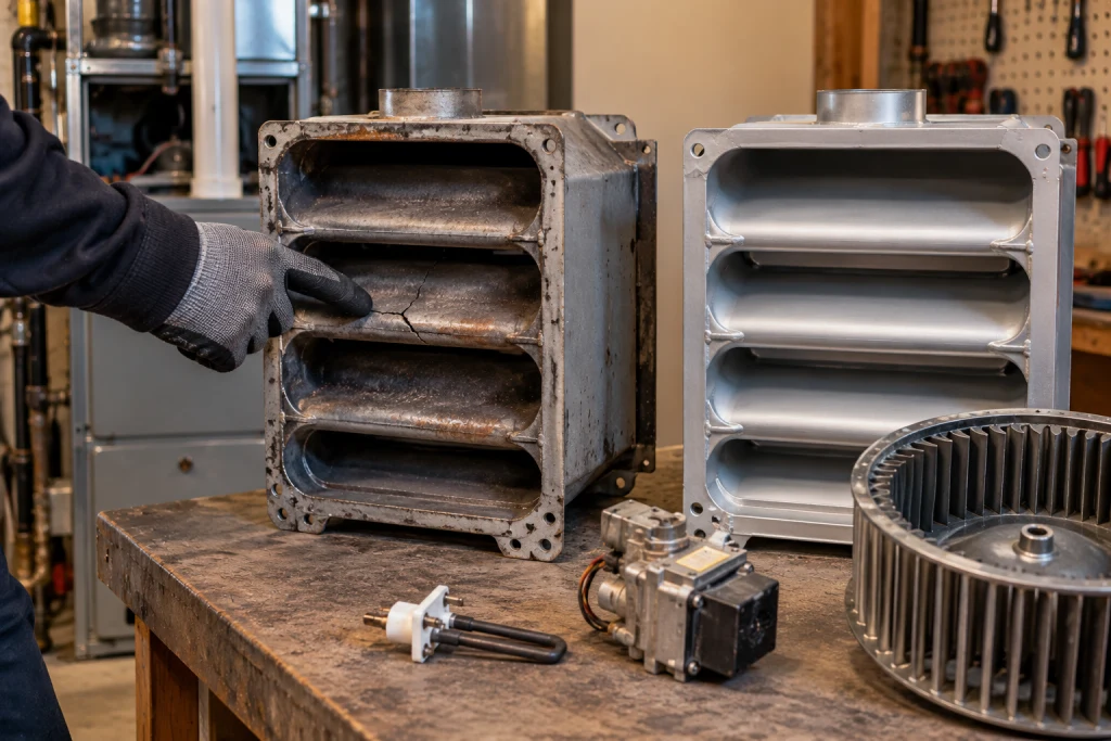 Cracked furnace heat exchanger beside replacement parts during a repair-or-replace evaluation